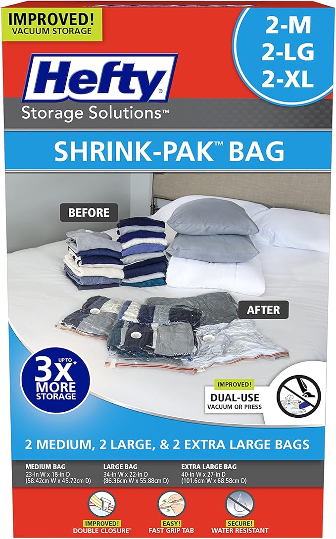 Hefty Shrink-Pak - 2 Medium, 2 Large, 2 XL Vacuum Seal Storage Bags – Space Saver Bags for Clothing, Pillows, Towels, or Blankets, 6 Pc Set