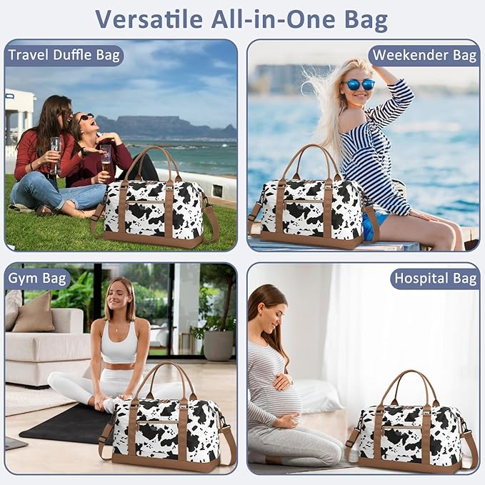 Travel Duffle Bag for Women, Weekender Bags, Hospital Bag for Labor Delivery, Lightweight Tote Duffel Overnight Bag with Luggage Sleeve, Airplane Travel Bags with Toiletry Bag, X-Large, Cow