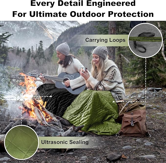 Waterproof Outdoor Blanket 82”X 55” Packable, Stadium Blankets for Camping with Quilted Fleece Lining, Large Windproof Emergency Throw Mat for Garss Picnic Hiking Road Trip, Machine Washable, Green
