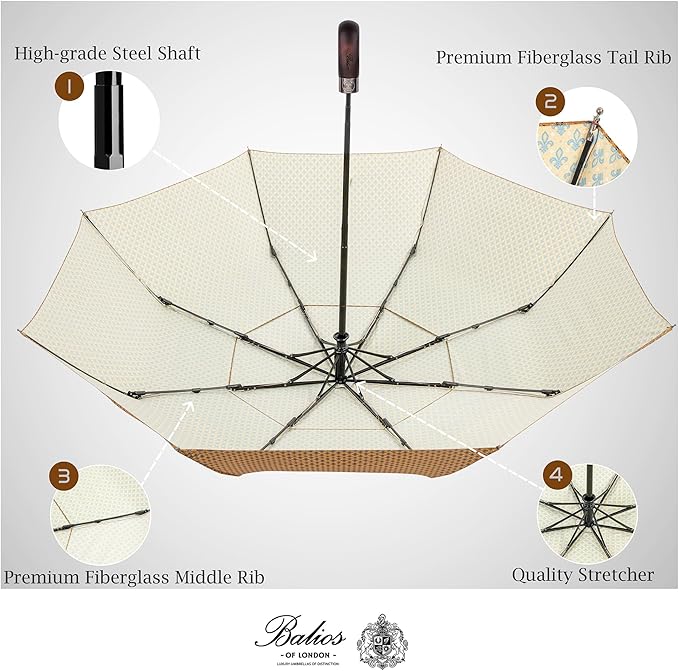 Balios Travel Folding Umbrella with Real Wood Handle Auto Open Close Vented Windproof Canopy - Designed in UK