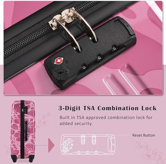 Merax Suitcase Set, Hardshell Luggage Sets 3 Piece with Spinner Wheels, Durable Printing Suitcase with TSA Lock Lightweight 20" 24" 28",Purple Pink