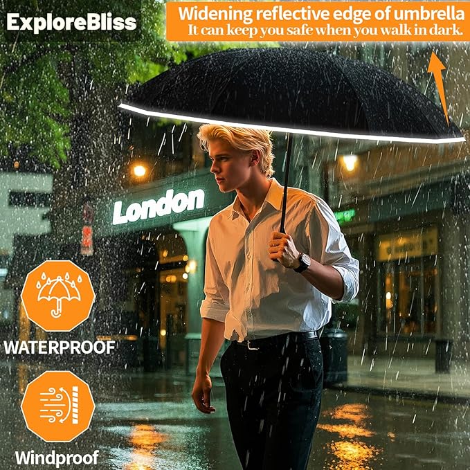ExploreBliss Travel Umbrella Superior, Beautiful & Compact, Large Strong but Light Portable and Automatic Folding Rain Umbrella, Premium Grip, Fits Car & Backpack