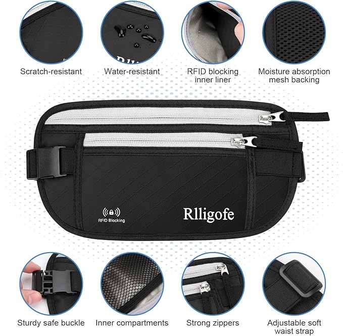 Money Belt for Travel Women and Men Hidden - Slim RFID Blocking Travel Wallet with Secure Anti-Theft Pouch, Passport Holder for Passport, Credit Cards, Cash Under Clothes