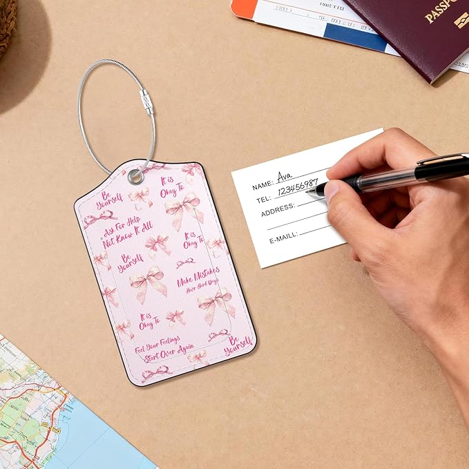 2 Pack PU Leather Luggage Tags for Suitcases, Privacy Protection Cover with Stainless Steel Loop and Address Card, Travel Cruise Essentials (Pink Bow)