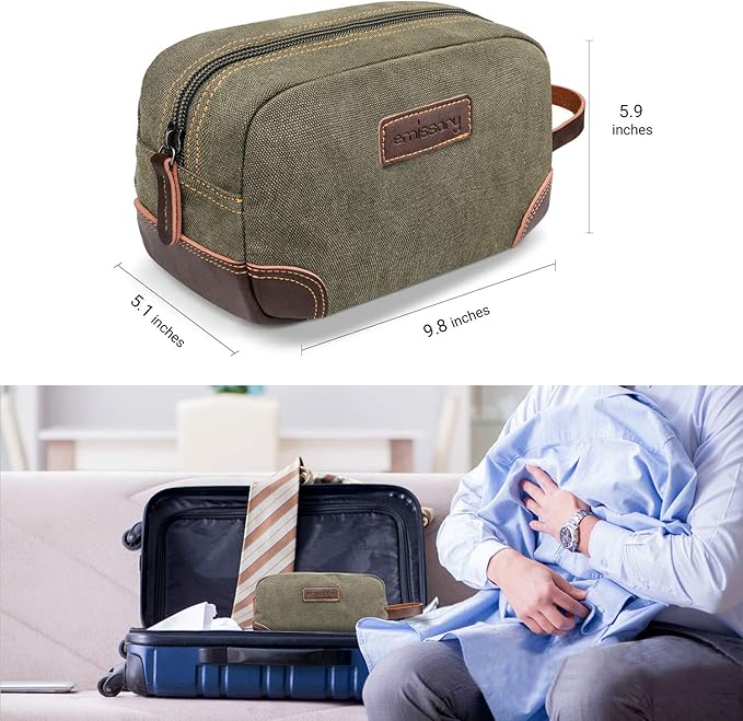 Emissary Men's Leather and Canvas Travel Toiletry Dopp Kit, Shaving Bag (Dark Green)