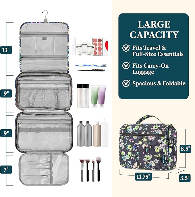 PAVILIA Hanging Toiletry Bag Women Men, Foldable Cosmetic Organizer Travel Bag, Water Resistant Makeup Bag Toiletries, Large Travel Essentials Kit (Grey Floral)