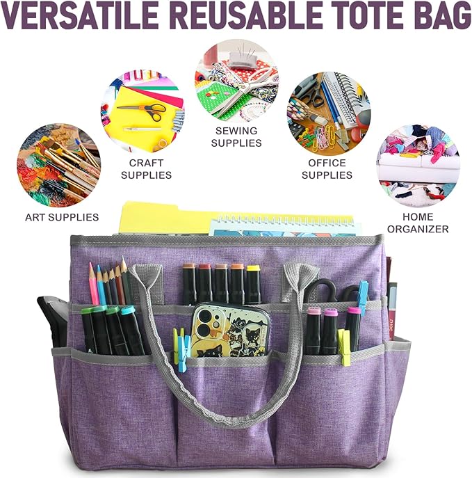 Cupohus Art Organizer Craft Storage Tote Bag with Pockets and Handles, Oxford Fabric Carrying Caddy for Teacher, Officer, Artist, Traveler –Purple