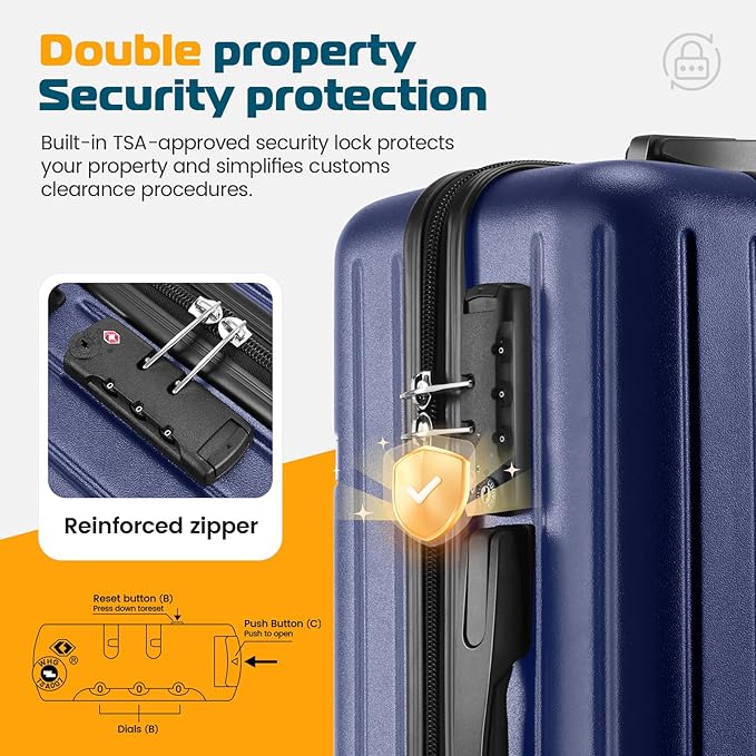 Hoteel Luggage Sets 5 Piece (4-YEARS WARRANTY), ABS+PC Suitcases with Wheels and Side Hook, Hardshell 20/24/28 inch Luggage with Duffel Bag Travel Bag, Dark Blue