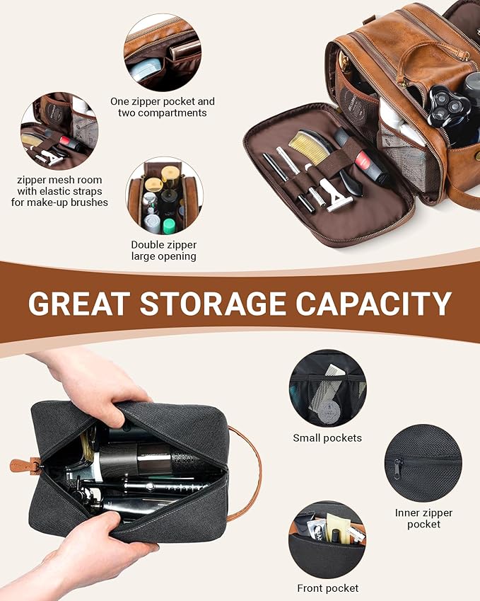 Elviros Travel Toiletry Bag Gift for Men，Mens Toiletries Bag Gifts Set Shaving Dopp Kit Water-resistant Bathroom Toiletries Organizer PU Leather Cosmetic Bags 2 Pack Brown