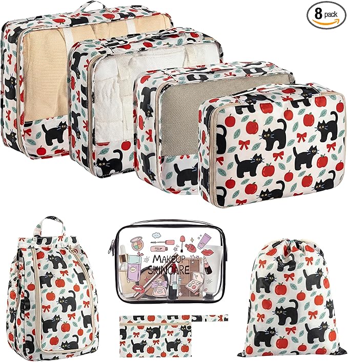 8 Set Packing Cubes for Travel with Clear Toiletry Bag, Durable Luggage Packing Organizers, Carry-On Accessories, TSA Approved See-Through Cubes, Space-Saving Storage Bags, Gifts for Women