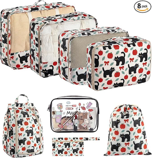 8 Set Packing Cubes for Travel with Clear Toiletry Bag, Durable Luggage Packing Organizers, Carry-On Accessories, TSA Approved See-Through Cubes, Space-Saving Storage Bags, Gifts for Women