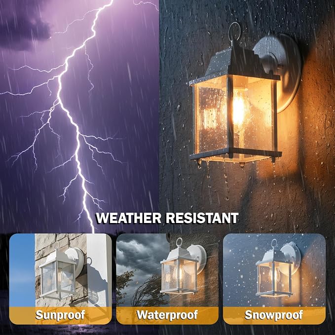 Outdoor Wall Light Fixture, Rustproof Aluminum, Clear Glass | Dusk to Dawn Exterior Porch Light Wall Sconce Lantern for House, Patio, Garage, Waterproof, E26 Socket 60W Max, White, 1 Pack