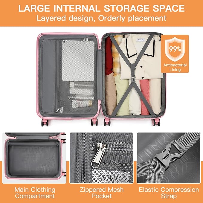 Kono Small 20 Inch Expandable Carry On Luggage with Quiet Spinner Wheels & TSA Lock, Scratch and Drop Resistant PC+ABS Hardside 22x14x9 Airline Approved Suitcase, Pink