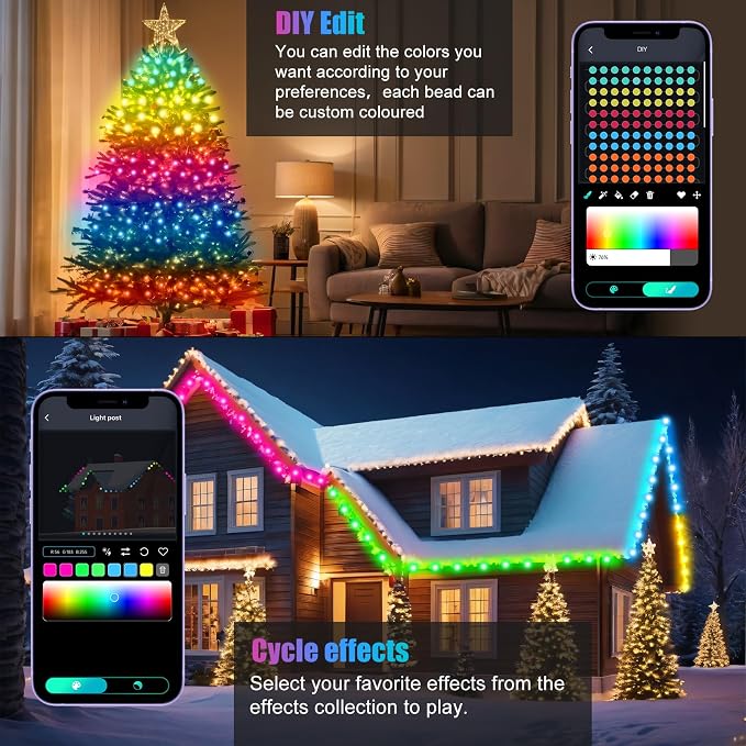 Fairy Lights 66FT/20M, 200 LEDs RGB Smart IC Multicolor String Lights | APP & Remote Control, Music/Voice Sync Color Changing, IP67 Waterproof String Lights for Bedroom, Party, DIY