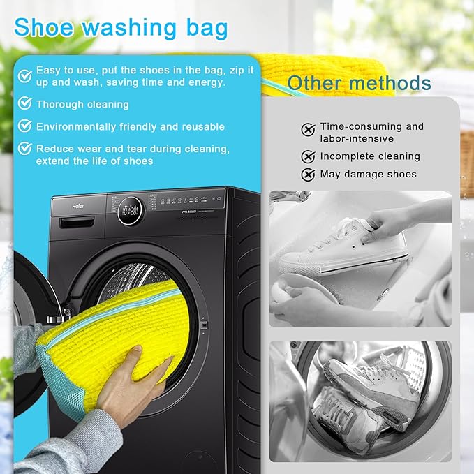 Shoe Washing Machine Bags, 2-Pack – 360° Deep Cleaning, Protects Shoes & Washer, Self-Locking Zipper Design, Reusable Laundry Bags for Washing Two Pairs at Once (Yellow)