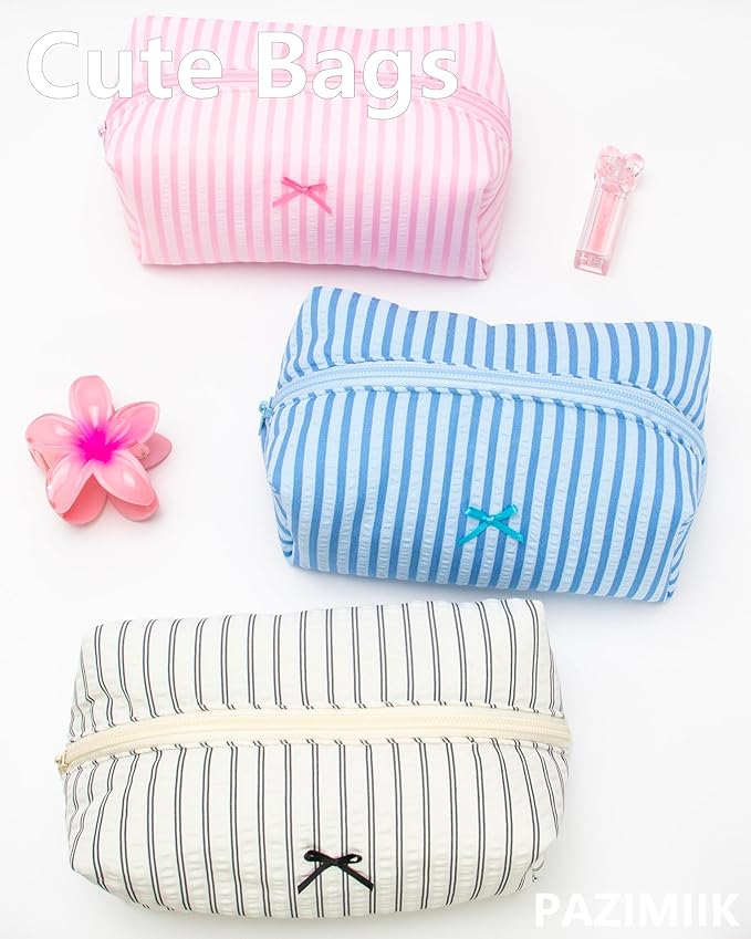 PAZIMIIK 2PCS Cozy Makeup Bag Small Aesthetic Travel Zipper Cosmetic Pouch for Women Make Up Beauty Accessories Brushes, Stripe Lake Blue