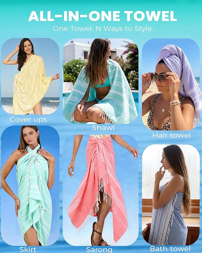 6 Pack Turkish Beach Towels Quick Dry Sand Free Soft Absorbent Extra Large Xl Big Blanket Adult Oversized Bath Pool Swim Towel Lightweight Thin Fast Drying Compact No Sand Packable Vacation Essentials