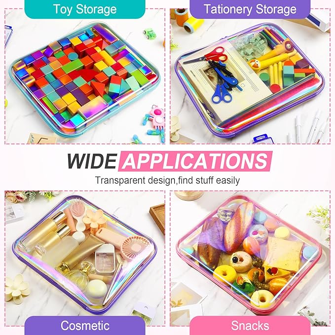 Sanwuta 6 Pcs Clear Hard Zipper Case Plastic Zipper Pouches Transparent Makeup Bag Pencil Case Pouches Toiletry Diaper Bag for Travel Toy Storage Organizer Bins(Holographic,13.78 x 11.81 x 2 Inch)