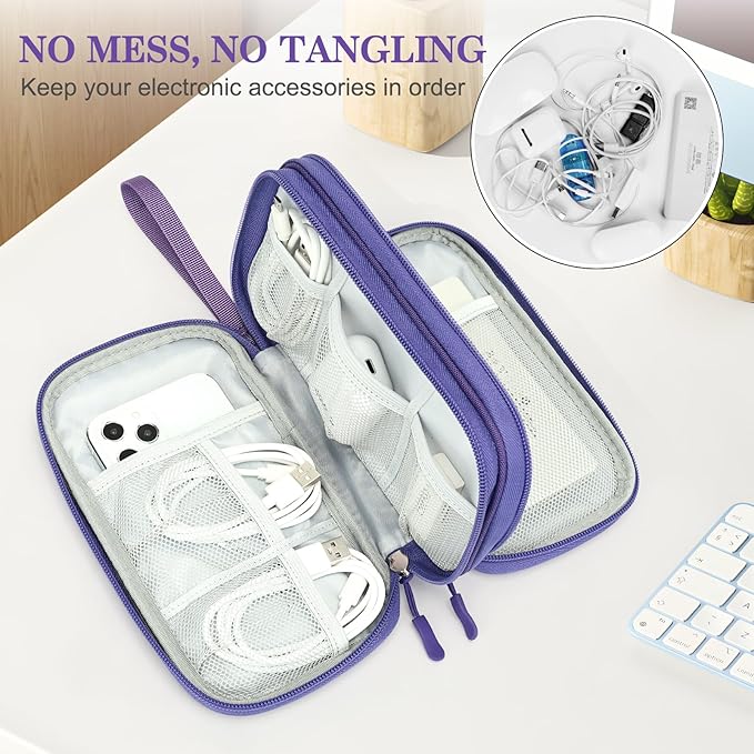 FYY Electronic Organizer, Travel Cable Organizer Bag Pouch Electronic Accessories Carry Case Portable Waterproof Double Layers Storage Bag for Cable, Charger, Phone, Earphone, Medium Size, Purple