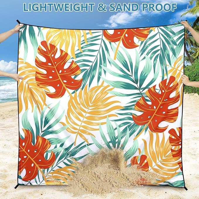 Beach Blanket Sandproof Extra Large Beach Mat Adults Waterproof Quick Drying Sand Free Mat Made by Premium Polyester with 4 Stakes & 4 Corner Pockets for Outdoor Travel Camping Hiking