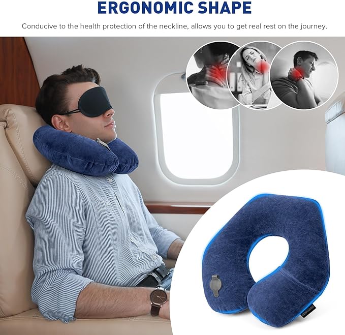 Rewondah Neck Pillows for Travel, Inflatable Travel Pillow, Inflatable Neck Pillow for Traveling Airplane with Soft Velour Washable Cover, U Shape Blow Up Neck Pillow for Airplanes Train Car Travel