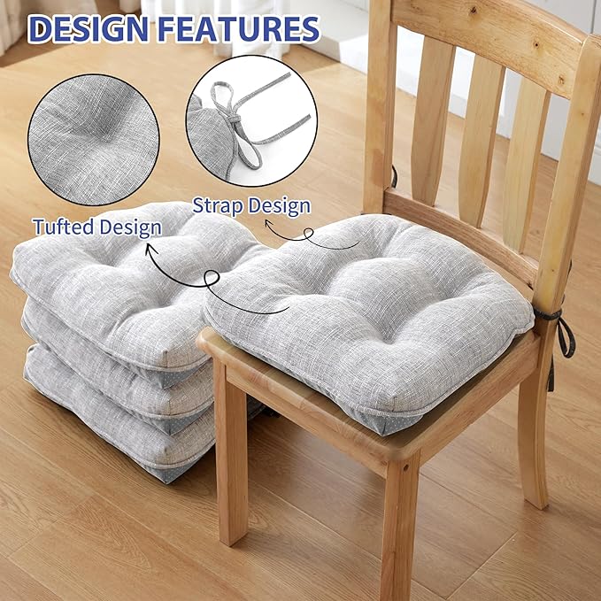 Chair Cushions for Dining Chairs Set of 6, Kitchen Chair Cushions, Chair Pads with Ties and Non Slip Backing, Tufted Memory Foam Seat Cushion 6 Pack, 15.5" x 15.5" x 4", Light Gray