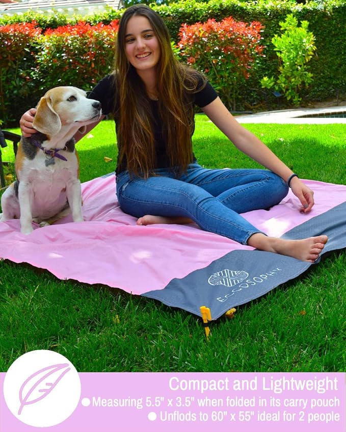 ECCOSOPHY Sand Proof Beach Blanket - Waterproof Picnic Blanket 60x55 Outdoor Compact Pocket Blanket Lightweight Ground Cover for Hiking Camping Festivals Sports Travel with Bag & Stakes (Pink)