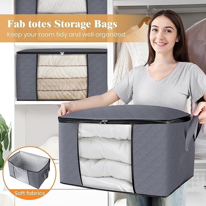 Fab totes Storage Bags,Clothes Blanket Storage Bins Foldable Closet Organizers with Reinforced Handle for Home Dorm Storage and Organization,Fabric Bags for Organizing Bed Sheets,Clothing,Comforters