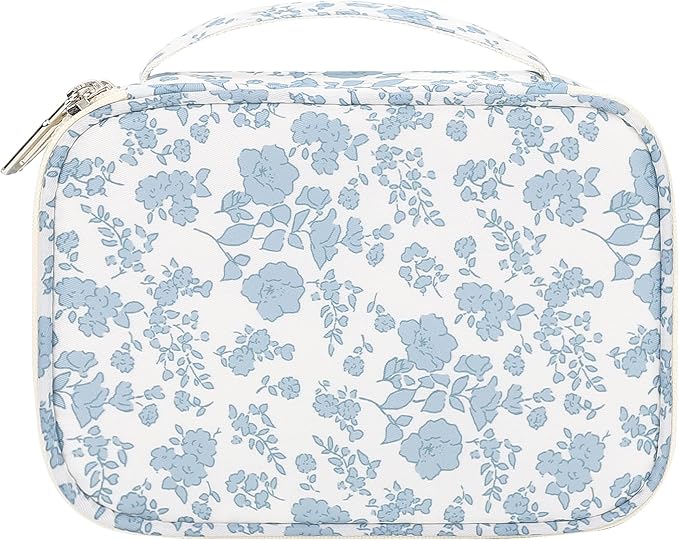 Relavel Travel Makeup Bag, Mini Floral Cosmetic Bag with 2 Makeup Brush Holders, Portable Makeup Pouch for Women, Cute Toiletry Bag with Double Layer Organizer, Blue Flower-Smaller