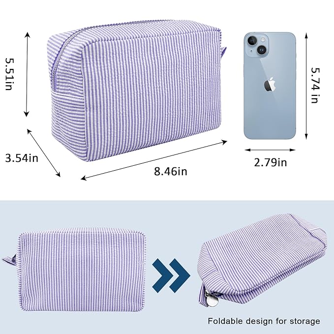 GFU Cosmetic Bags for Women, Seersucker Cosmetic Bag, Travel Toiletry Stripe Makeup Bag, Large Women Aesthetic Organizer Storage Pouch, Girls Handbags Purses,Purple
