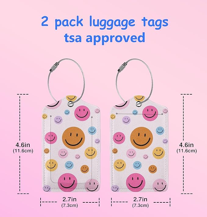 2P Pink Smiley Luggage Tags Privacy Cover ID Label with Stainless Steel Loop and Address Card for Travel Bag Suitcase Funny Cute Man Women Kids