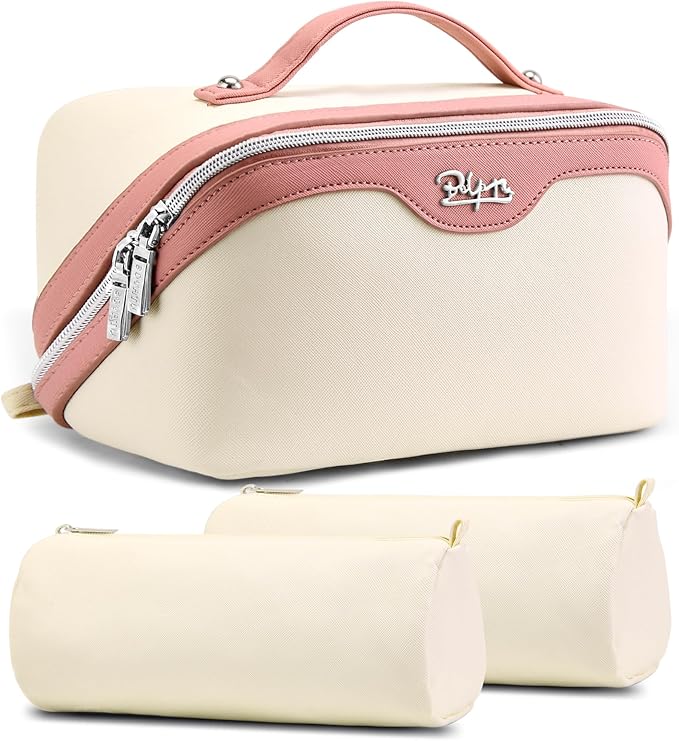 BOYATU Travel Makeup Bag Organizer Cosmetic Bag: 3 Pcs Set Make up Bags for Women with Handle - Waterproof Vegan Leather Toiletry Bags Travel Essentials Pouch with Compartments (A-08-White)