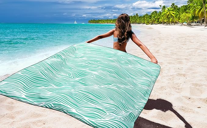 Beach Blanket Sandproof Extra Large Beach Mat Adults Waterproof Quick Drying Sand Free Mat Made by Premium Polyester with 4 Stakes & 4 Corner Pockets for Outdoor Travel Camping Hiking
