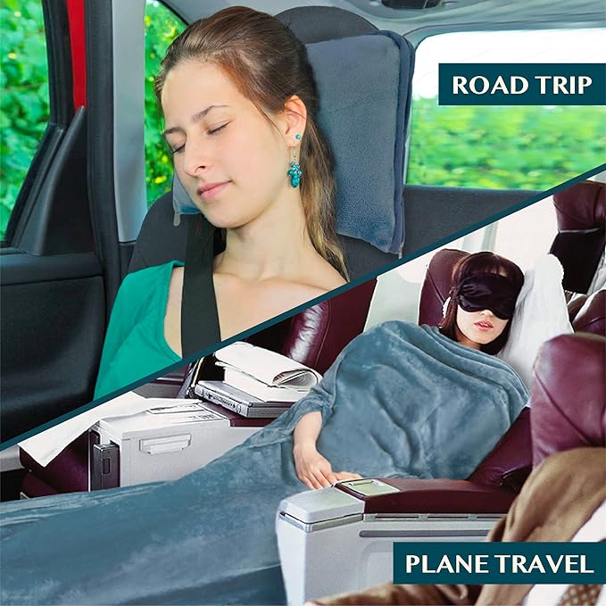PAVILIA Travel Blanket and Pillow, Arms Opening Airplane Blankets for Adults, Compact Plane Blanket with Arm Hole 2-in-1 Bag for Flight Car Camping Fit in Luggage Backpack Traveler Gift, Blue