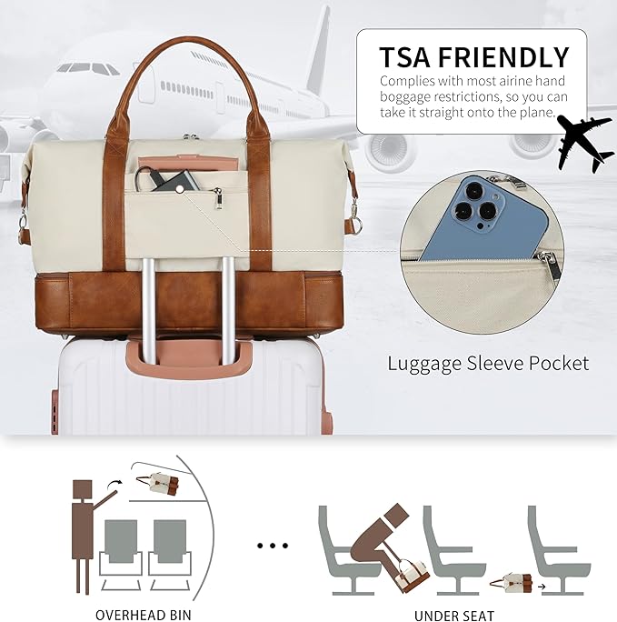 Oeihuivt Weekender Bags for Women - 21 Inch Large Travel Duffel Bag 2-Piece Set with Shoe Compartment, Heavy-Duty Canvas Leather Carry On Overnight Tote