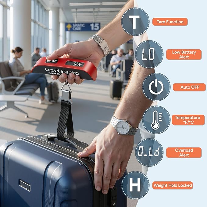 travel inspira Luggage Scale, Portable Digital Hanging Baggage Scale for Travel, Suitcase Weight Scale with Rubber Paint, 110 Pounds, Battery Included