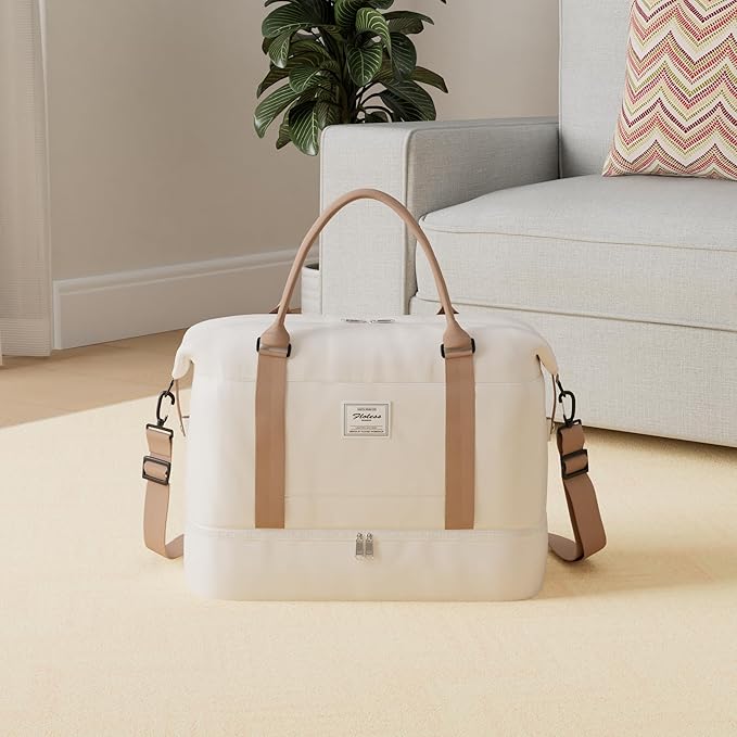 Weekender Bags for Women, Travel Duffel Bags with Shoe Compartment,Personal Item Travel Bag for Airlines, Carry on Overnight Tote Bag for Women，Beige&Brown