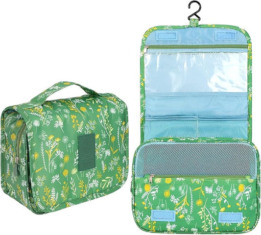 Pengxiaomei Hanging Toiletry Bag, Green Floral Waterproof Cosmetic Bag Portable Makeup Pouch Wash Bag with Handle for Kids Teen Girls Tea Party Spring Party Mothers Day Gifts