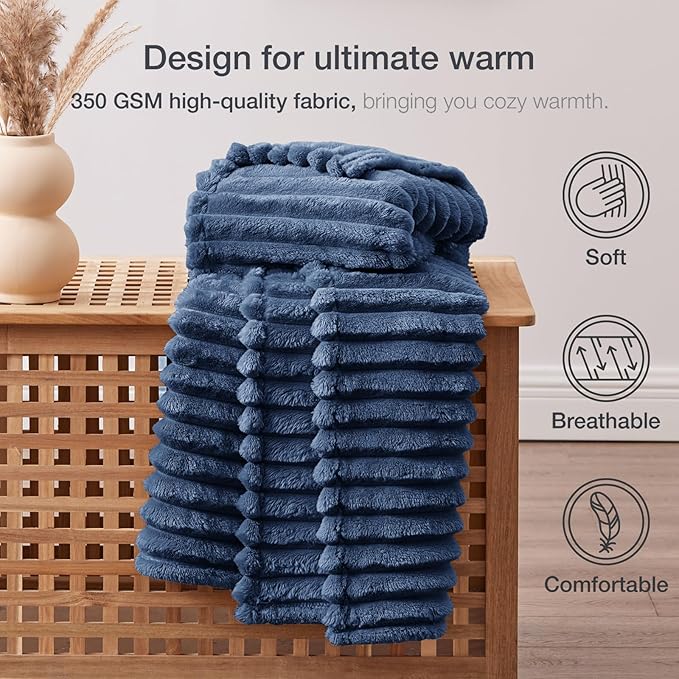 EXQ Home Fleece Blanket Twin Size for Couch or Bed - 3D Stripe Jacquard Decorative Blankets - Cozy Soft Lightweight Fuzzy Flannel Blanket Suitable for All Seasons(60"×80",Dark Blue)