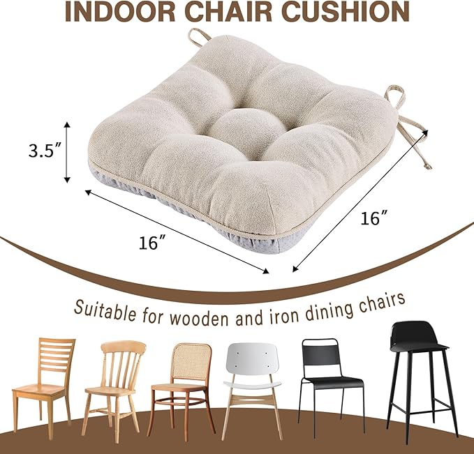 BETU Chair Cushions for Dining Chairs Set of 6,3.5" Thick Kitchen Table Chair Pads with Ties,Non Slip Backing and Covers, Seat Cushion for Dining Room,Bar,Patio Chairs,16"X16"X3.5",Beige