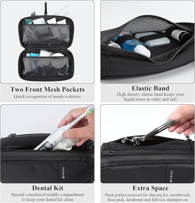 Purevave Compact Mens Toiletry Travel Bag Hanging, Mens Dopp Kit for Travel Waterproof, Wash Pouch Black
