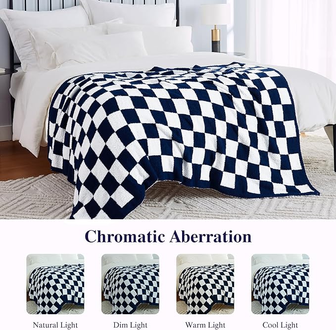 Checkered Throw Blanket, Dark Blue Soft Cozy Fluffy Knitted Throw Blankets for Couch, Sofa, Bed, Chair, Warm Fuzzy Travel Picnic Lightweight Plaid Blanket, 50x70 inches