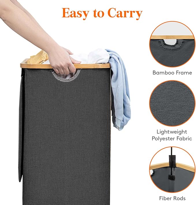 Lifewit 100L Laundry Basket with Lid, Clothes Hampers for Laundry with Bamboo Handles and 1 Removable Bag, Large Foldable Laundry Hamper for Bedroom, Bathroom, Dorm, Laundry Room, Dark Gray