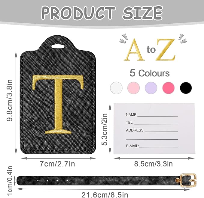 Initial Letter Luggage Tag for Suitcase, Cute Luggage Bag, Waterproof PU Leather Travel Luggage Tag, Suitcase Identifier Name Tag, Monogrammed Suitcases Tags, Bag Tags for Handbags(Black T)