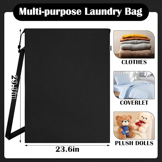 Canvas Laundry Bag with shoulder Strap 24"W x 29"H, Large Drawstring Dirty Clothes Bag Washable Laundry Sack for College Dorm, Travel, Home, Camp (Black)