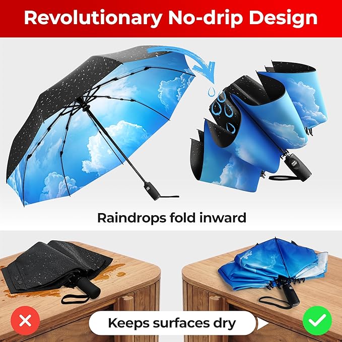 TUMELLA Inverted Windproof Umbrella, Large, Strong, Light, Portable, Automatic Reverse Folding Rain Umbrella, Durable Premium Grip, Fits Car & Backpack