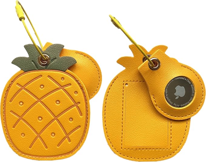 CuteLeather Luggage Tag Holder with Airtag Case Set,Hidden Compartment for AirTag Travel Suitcase Tracking Case with Stainless Steel Loop,Name ID Label(Pineapple)