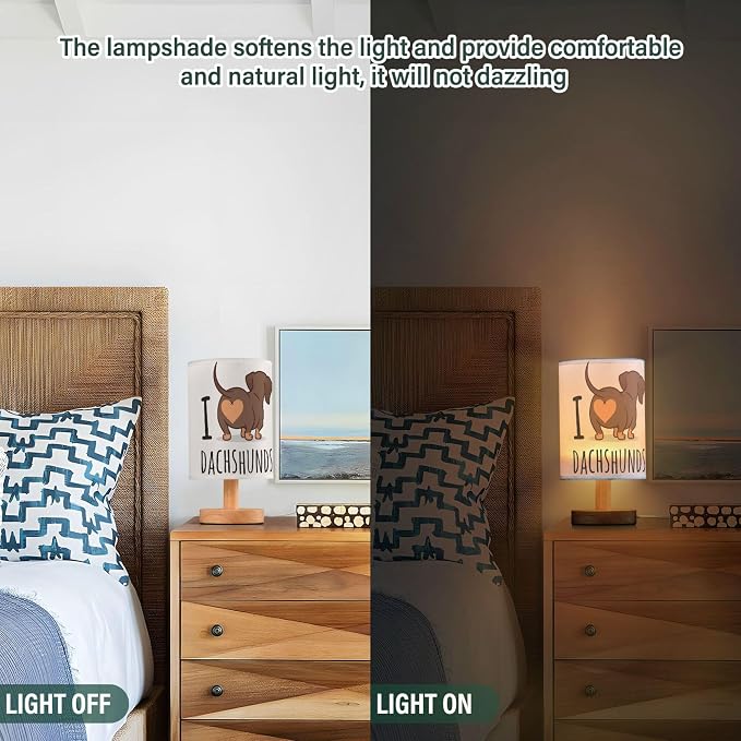 Table Lamp Cute Dachshund Dog I Love Dachshunds Heart Butt Nightstand Lamp with Wood Base Fabric Lamp Shade Bedside Desk Lamp for Living Room Bedroom Kids Room Office