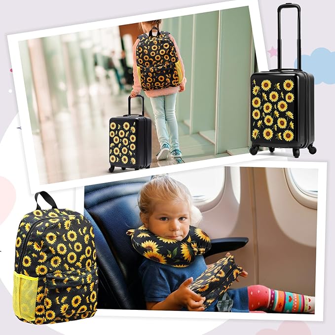 Redbaker 17 Inch 6 Pcs Kids Luggage Set Kids Rolling Luggage Double Pattern Suitcase for Boys Girls (Black Yellow, Sunflower Style)