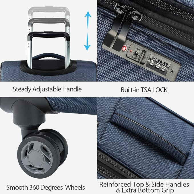 KROSER Softside Expandable Carry On Luggage with Front Business Pockets，20 Inch Suitcases with Spinner Wheels & Built-in TSA Lock, Durable Suitcase Rolling Luggage with USB Port, Haze Blue